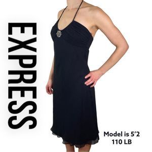 Express Black Satin Pieced Halter Neck Midi Dress, Women's Size 4 NWT!